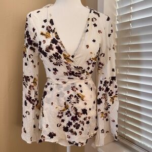 Free People White and Brown Wrap Blouse Long Sleeve